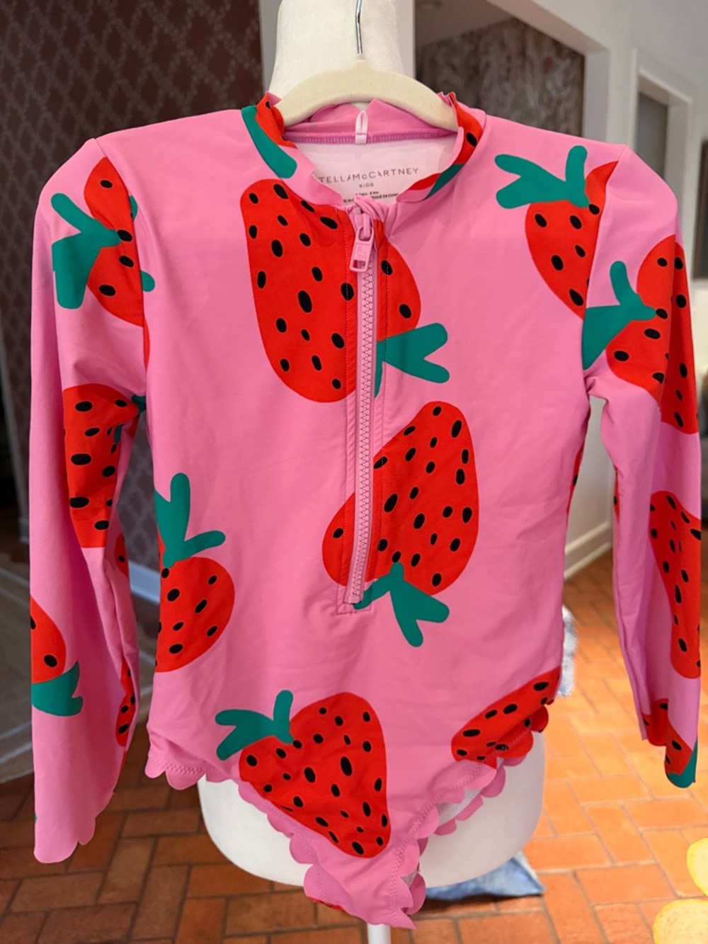Stella McCartney Kids - Pink Strawberry Print Long Sleeve Swimsuit - Size: 8Y